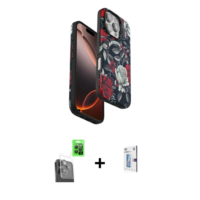 MARSİLYAN™- iPhone 16 Pro Kılıf Siluet Doku - Siyah Bilvis 0.18mm Plus Cam Ekran Koruyucu + Raze Metal Kamera Lens - SH