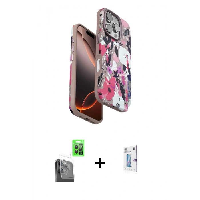 MARSİLYAN™- iPhone 16 Pro Kılıf Siluet Doku - Siyah Bilvis 0.18mm Plus Cam Ekran Koruyucu + Raze Metal Kamera Lens - SH