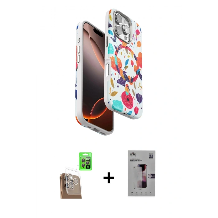 MARSİLYAN™- iPhone 16 Pro Kılıf Siluet Doku - Siyah Bilvis 3D Mat Cam Ekran Koruyucu + Raze Metal Kamera Lens - CLTM