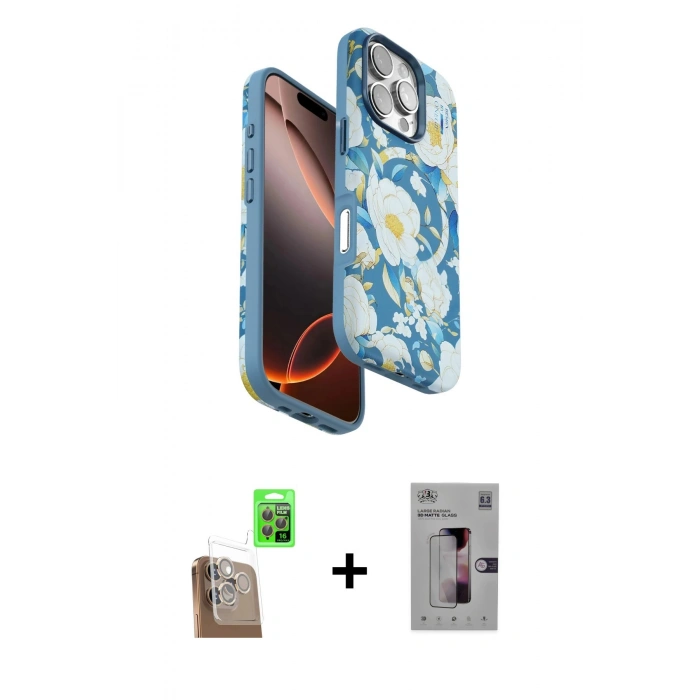MARSİLYAN™- iPhone 16 Pro Kılıf Siluet Doku - Siyah Bilvis 3D Mat Cam Ekran Koruyucu + Raze Metal Kamera Lens - CLTM