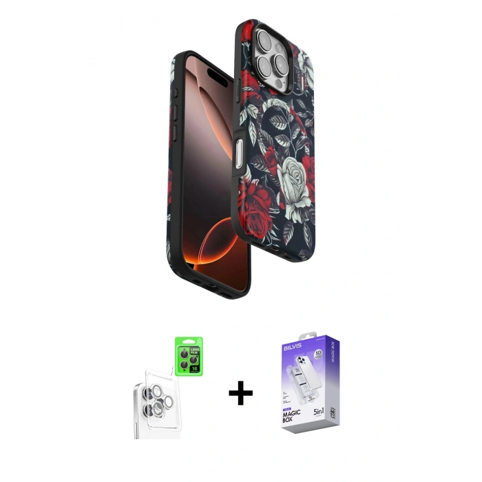 MARSİLYAN™- iPhone 16 Pro Kılıf Siluet Doku - Siyah Bilvis 5in1 3D Magic Cam Ekran Koruyucu + Raze Metal Kamera Lens - BZ