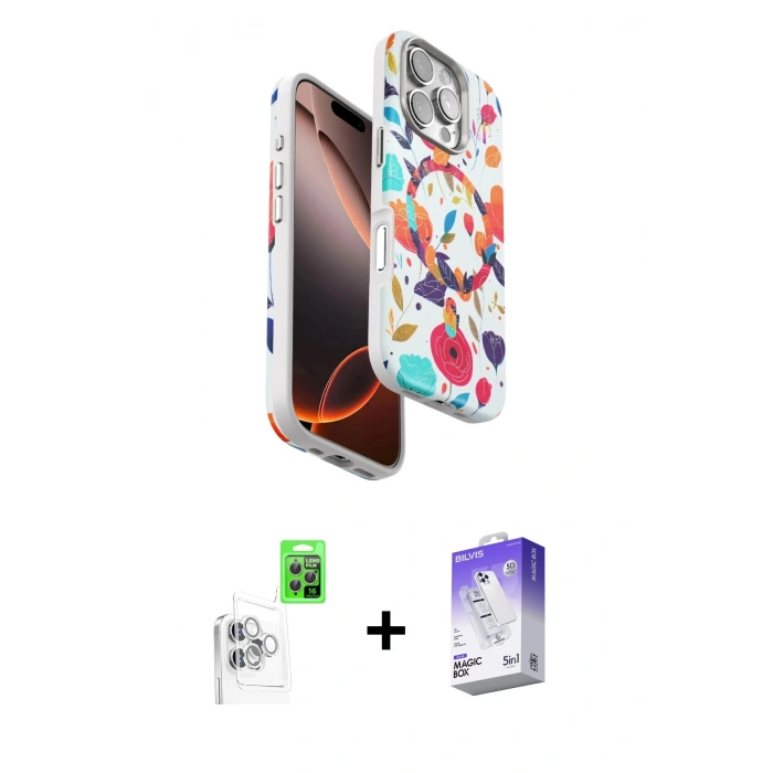 MARSİLYAN™- iPhone 16 Pro Kılıf Siluet Doku - Siyah Bilvis 5in1 3D Magic Cam Ekran Koruyucu + Raze Metal Kamera Lens - BZ