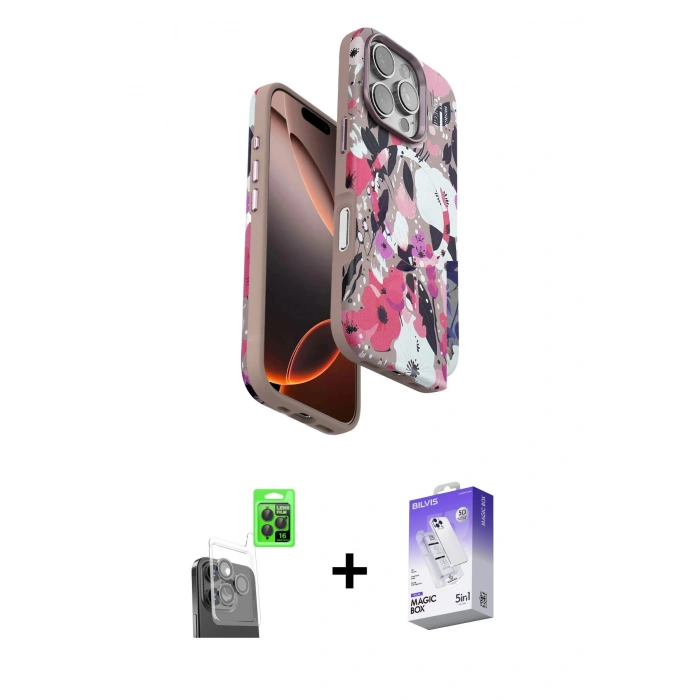 MARSİLYAN™- iPhone 16 Pro Kılıf Siluet Doku - Siyah Bilvis 5in1 3D Magic Cam Ekran Koruyucu + Raze Metal Kamera Lens - SH