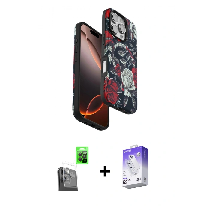 MARSİLYAN™- iPhone 16 Pro Kılıf Siluet Doku - Siyah Bilvis 5in1 3D Magic Cam Ekran Koruyucu + Raze Metal Kamera Lens - SH