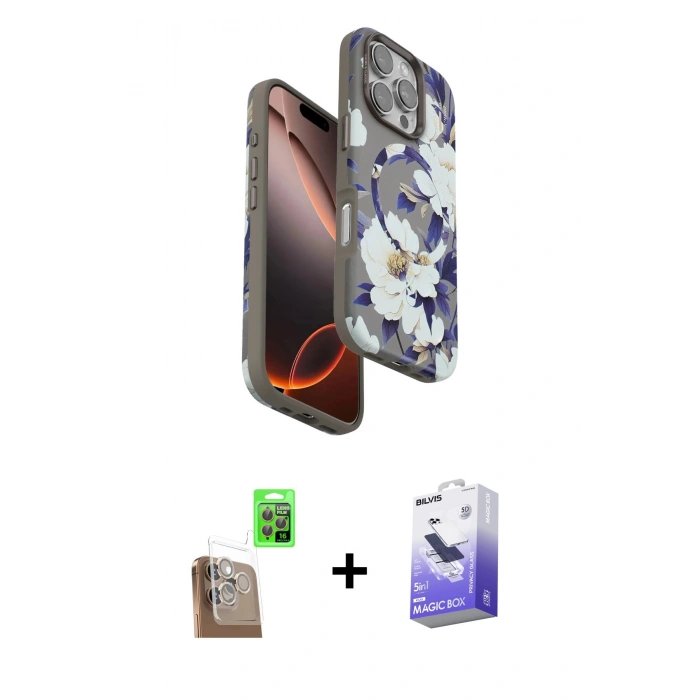 MARSİLYAN™- iPhone 16 Pro Kılıf Siluet Doku - Siyah Bilvis 5in1 5D Magic Hayalet Cam Ekran Koruyucu + Raze Metal Kamera Lens - CLTM