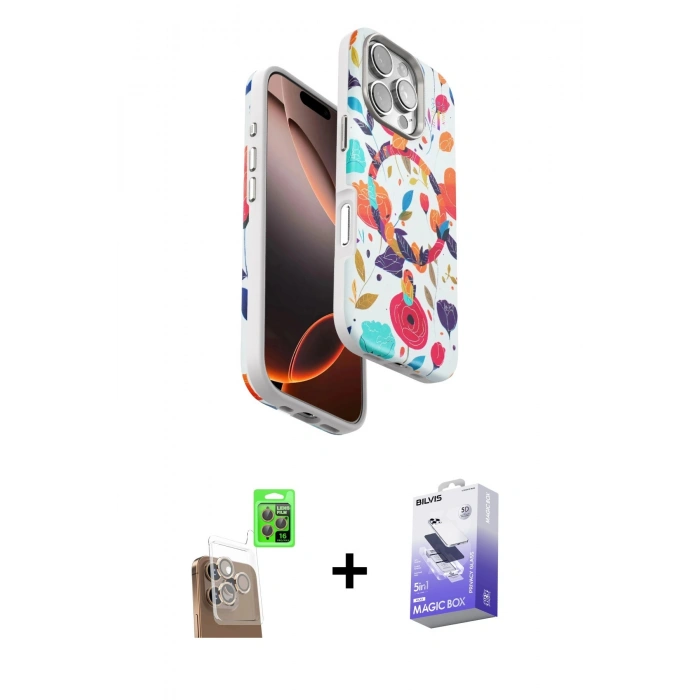 MARSİLYAN™- iPhone 16 Pro Kılıf Siluet Doku - Siyah Bilvis 5in1 5D Magic Hayalet Cam Ekran Koruyucu + Raze Metal Kamera Lens - CLTM