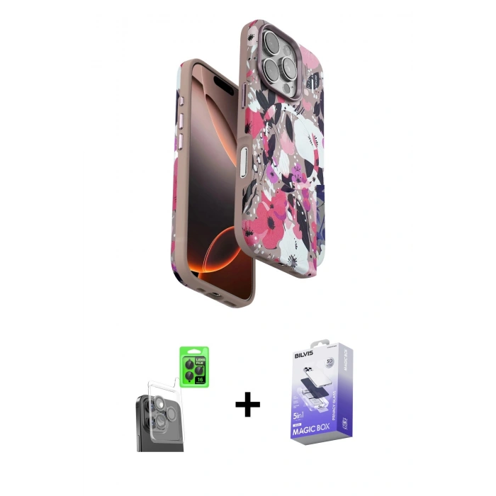 MARSİLYAN™- iPhone 16 Pro Kılıf Siluet Doku - Siyah Bilvis 5in1 5D Magic Hayalet Cam Ekran Koruyucu + Raze Metal Kamera Lens - SH