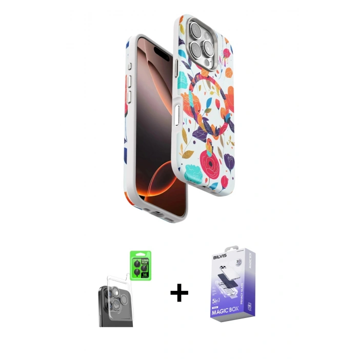 MARSİLYAN™- iPhone 16 Pro Kılıf Siluet Doku - Siyah Bilvis 5in1 5D Magic Hayalet Cam Ekran Koruyucu + Raze Metal Kamera Lens - SH