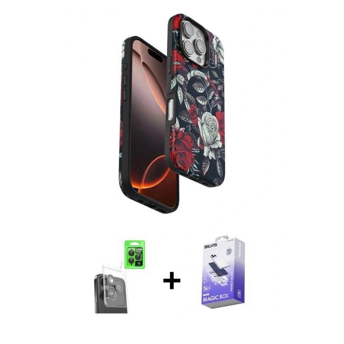 MARSİLYAN™- iPhone 16 Pro Kılıf Siluet Doku - Siyah Bilvis 5in1 5D Magic Hayalet Cam Ekran Koruyucu + Raze Metal Kamera Lens - SH