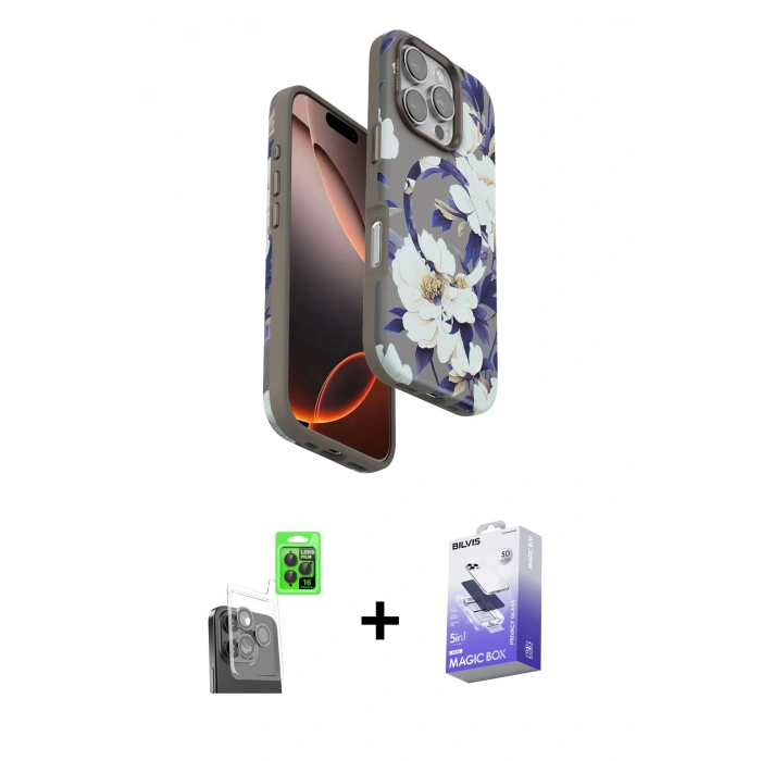 MARSİLYAN™- iPhone 16 Pro Kılıf Siluet Doku - Siyah Bilvis 5in1 5D Magic Hayalet Cam Ekran Koruyucu + Raze Metal Kamera Lens - SH
