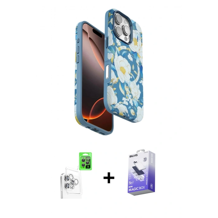 MARSİLYAN™- iPhone 16 Pro Kılıf Siluet Doku - Siyah Bilvis 5in1 5D Magic Hayalet Cam Ekran Koruyucu + Raze Metal Kamera Lens - BZ
