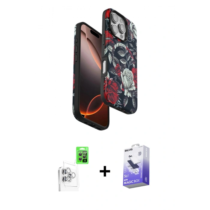 MARSİLYAN™- iPhone 16 Pro Kılıf Siluet Doku - Siyah Bilvis 5in1 5D Magic Hayalet Cam Ekran Koruyucu + Raze Metal Kamera Lens - BZ