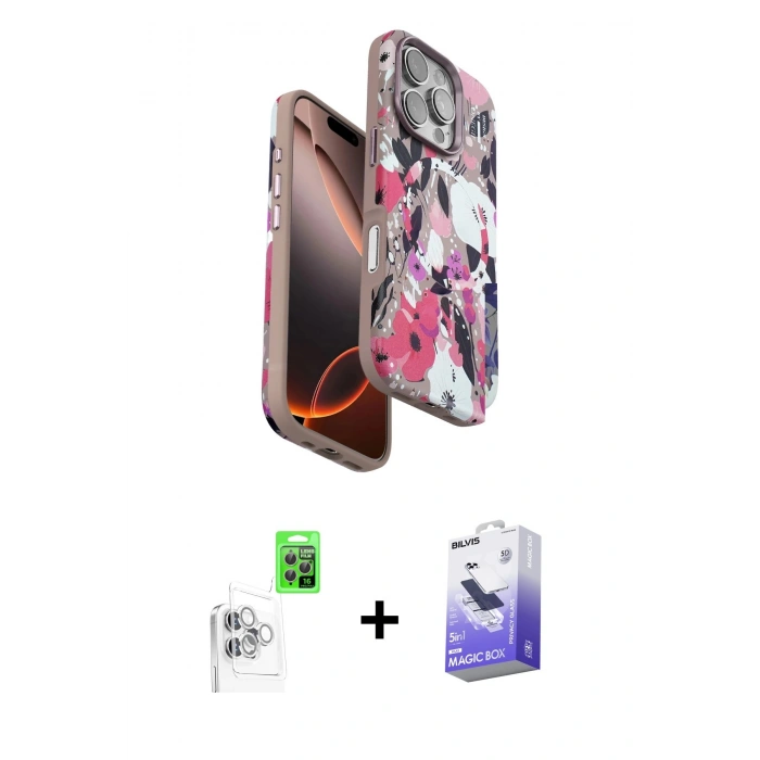 MARSİLYAN™- iPhone 16 Pro Kılıf Siluet Doku - Siyah Bilvis 5in1 5D Magic Hayalet Cam Ekran Koruyucu + Raze Metal Kamera Lens - BZ