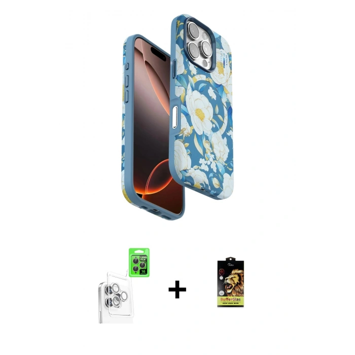 MARSİLYAN™- iPhone 16 Pro Kılıf Siluet Doku - Siyah Buffer Cam Ekran Koruyucu + Beyaz Raze Metal Kamera Lens
