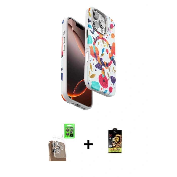 MARSİLYAN™- iPhone 16 Pro Kılıf Siluet Doku - Siyah Buffer Cam Ekran Koruyucu + Çöl Titanyum Raze Metal Kamera Lens
