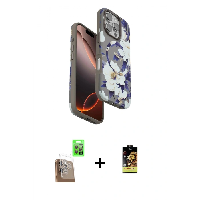 MARSİLYAN™- iPhone 16 Pro Kılıf Siluet Doku - Siyah Buffer Cam Ekran Koruyucu + Çöl Titanyum Raze Metal Kamera Lens