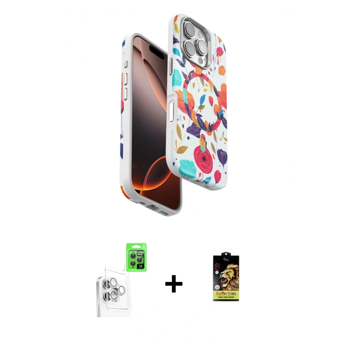 MARSİLYAN™- iPhone 16 Pro Kılıf Siluet Doku - Siyah Buffer Cam Ekran Koruyucu + Raze Metal Kamera Lens - BZ