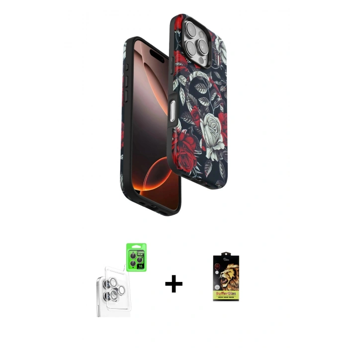 MARSİLYAN™- iPhone 16 Pro Kılıf Siluet Doku - Siyah Buffer Cam Ekran Koruyucu + Raze Metal Kamera Lens - BZ