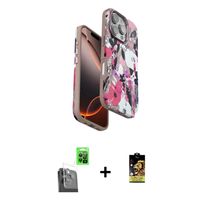 MARSİLYAN™- iPhone 16 Pro Kılıf Siluet Doku - Siyah Buffer Cam Ekran Koruyucu + Raze Metal Kamera Lens - SH