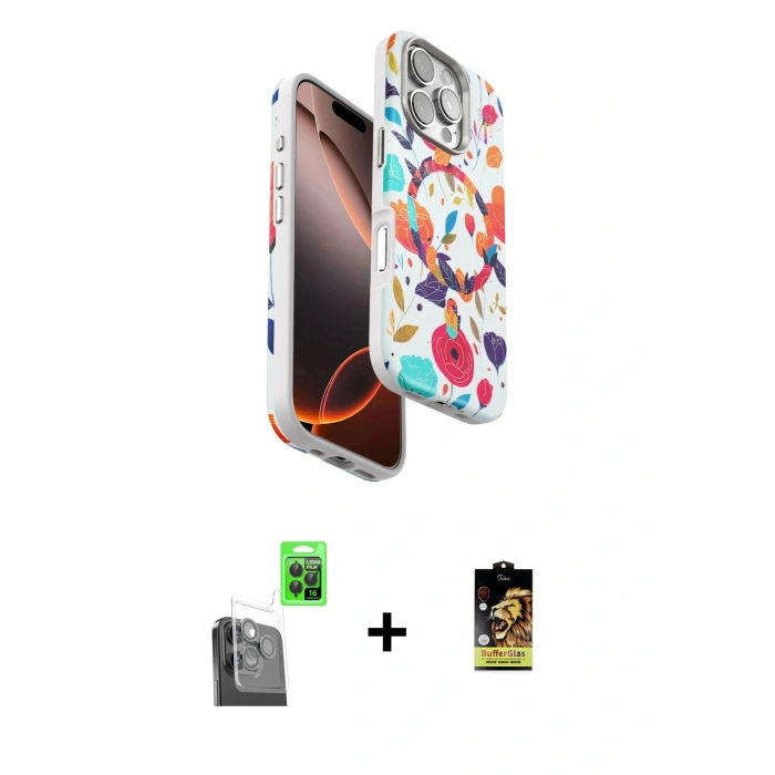 MARSİLYAN™- iPhone 16 Pro Kılıf Siluet Doku - Siyah Buffer Cam Ekran Koruyucu + Siyah Raze Metal Kamera Lens