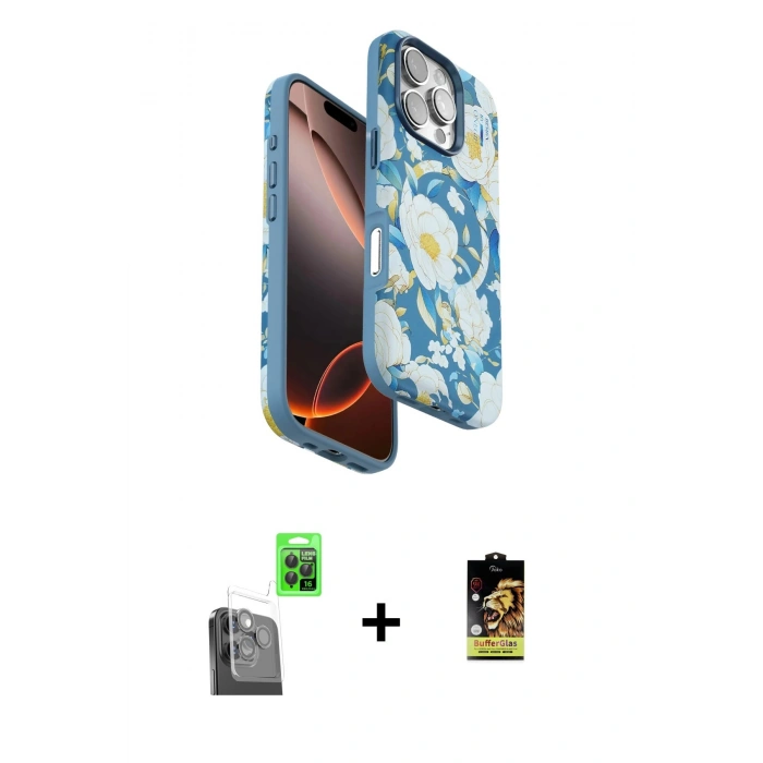 MARSİLYAN™- iPhone 16 Pro Kılıf Siluet Doku - Siyah Buffer Cam Ekran Koruyucu + Siyah Raze Metal Kamera Lens