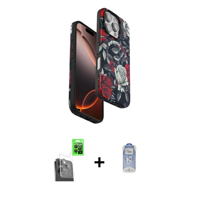 MARSİLYAN™- iPhone 16 Pro Kılıf Siluet Doku - Siyah Joko Magic 5D Cam + Raze Metal Kamera Lens - SH