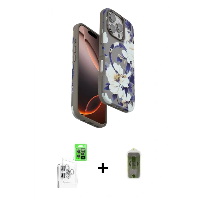 MARSİLYAN™- iPhone 16 Pro Kılıf Siluet Doku - Siyah Joko Magic 5D Hayalet Cam + Beyaz Raze Metal Kamera Lens