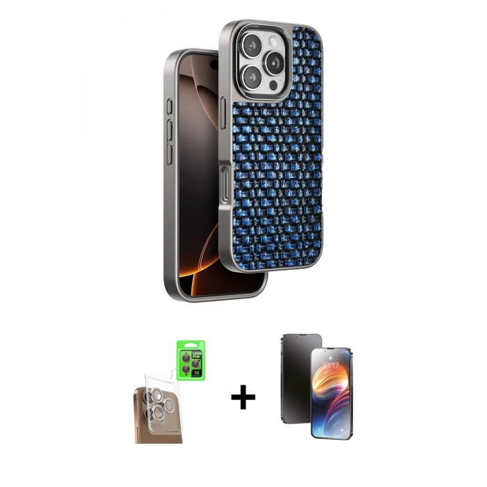 MARSİLYAN™- iPhone 16 Pro Kılıf Siluet Form Serisi - Siyah 3D Antistatik Mat Seramik Nano Ekran Koruyucu + Çöl Titanyum Raze Metal Kamera Lens
