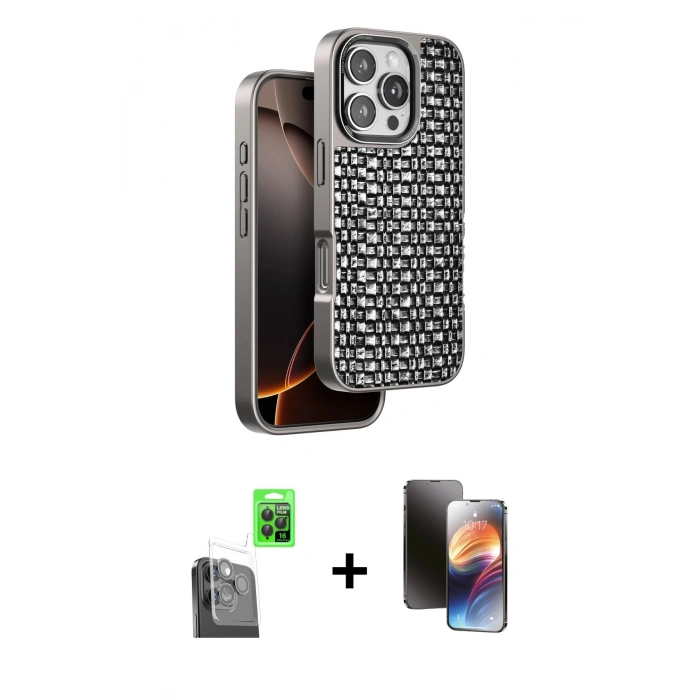 MARSİLYAN™- iPhone 16 Pro Kılıf Siluet Form Serisi - Siyah 3D Antistatik Mat Seramik Nano Ekran Koruyucu + Raze Metal Kamera Lens - SH