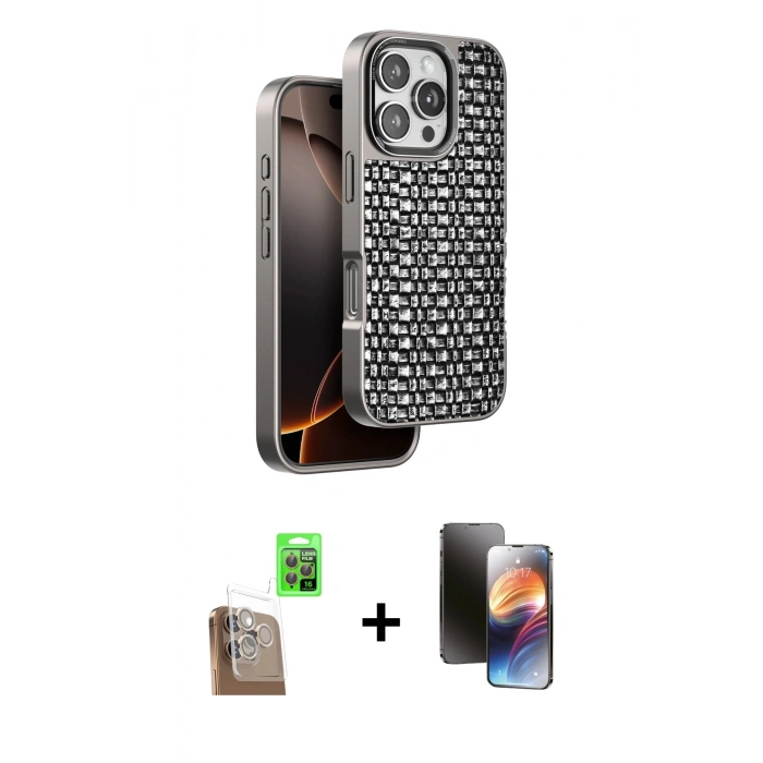 MARSİLYAN™- iPhone 16 Pro Kılıf Siluet Form Serisi - Siyah 3D Antistatik Mat Seramik Nano Ekran Koruyucu + Çöl Titanyum Raze Metal Kamera Lens