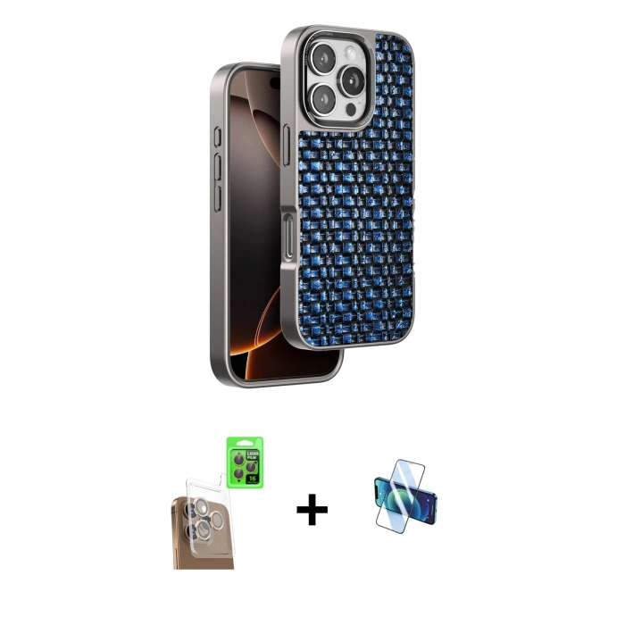 MARSİLYAN™- iPhone 16 Pro Kılıf Siluet Form Serisi - Siyah 3D Antistatik Seramik Nano Ekran Koruyucu + Çöl Titanyum Raze Metal Kamera Lens