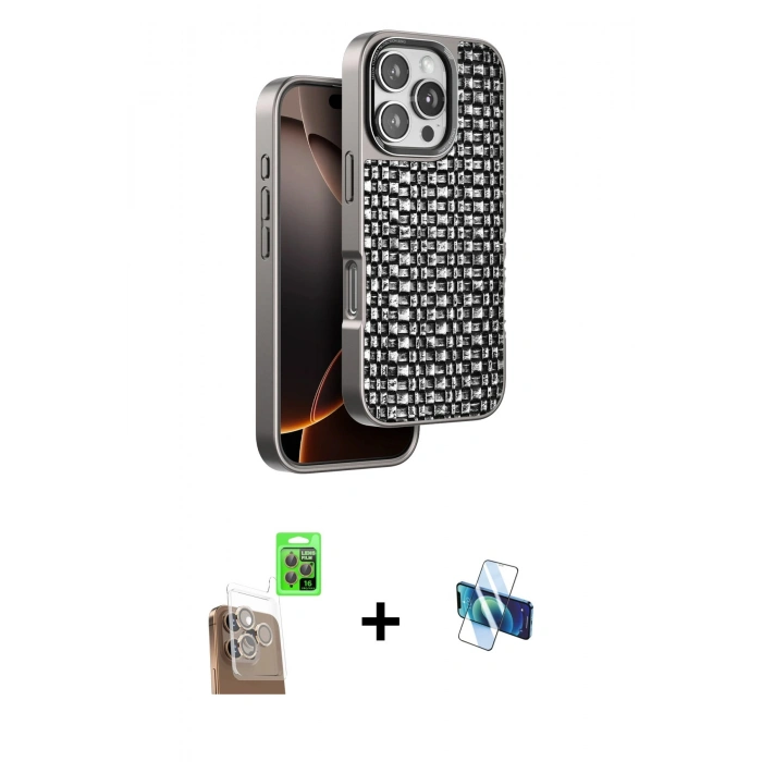 MARSİLYAN™- iPhone 16 Pro Kılıf Siluet Form Serisi - Siyah 3D Antistatik Seramik Nano Ekran Koruyucu + Çöl Titanyum Raze Metal Kamera Lens