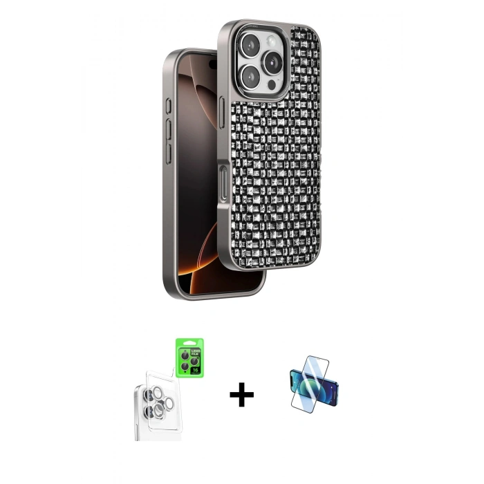 MARSİLYAN™- iPhone 16 Pro Kılıf Siluet Form Serisi - Siyah 3D Antistatik Seramik Nano Ekran Koruyucu + Raze Metal Kamera Lens - BZ