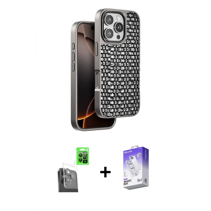 MARSİLYAN™- iPhone 16 Pro Kılıf Siluet Form Serisi - Siyah Bilvis 5in1 3D Magic Cam Ekran Koruyucu + Raze Metal Kamera Lens - SH