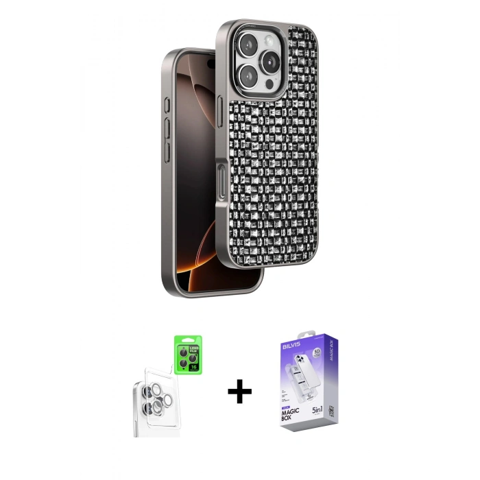 MARSİLYAN™- iPhone 16 Pro Kılıf Siluet Form Serisi - Siyah Bilvis 5in1 3D Magic Cam Ekran Koruyucu + Raze Metal Kamera Lens - BZ