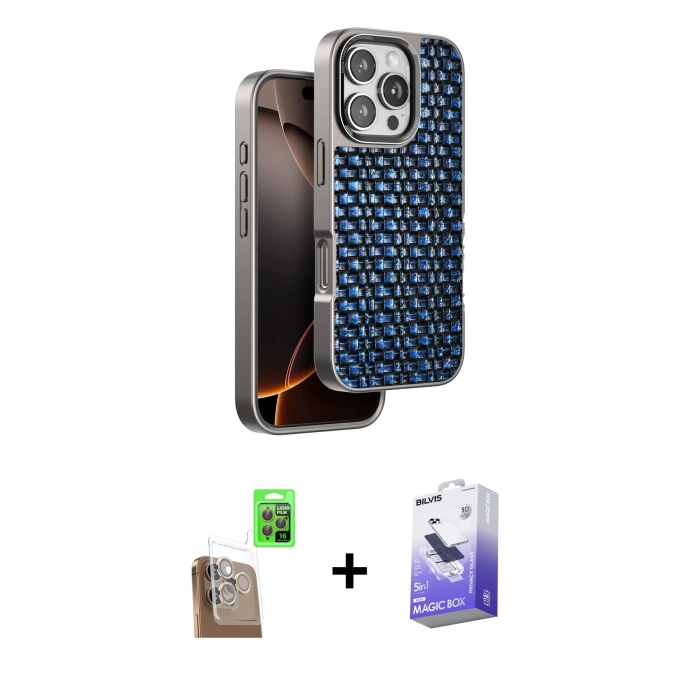 MARSİLYAN™- iPhone 16 Pro Kılıf Siluet Form Serisi - Siyah Bilvis 5in1 5D Magic Hayalet Cam Ekran Koruyucu + Raze Metal Kamera Lens - CLTM
