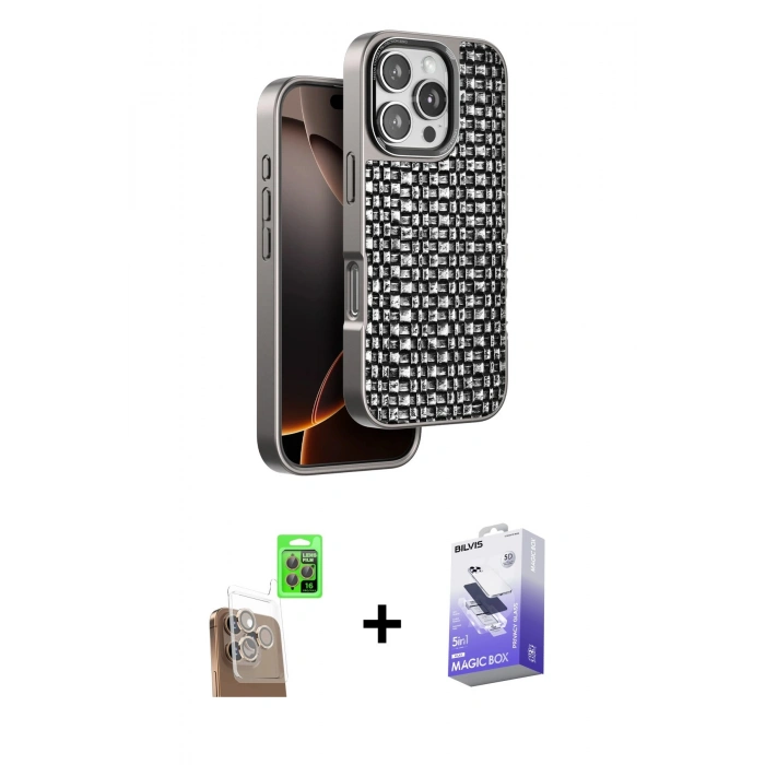 MARSİLYAN™- iPhone 16 Pro Kılıf Siluet Form Serisi - Siyah Bilvis 5in1 5D Magic Hayalet Cam Ekran Koruyucu + Raze Metal Kamera Lens - CLTM