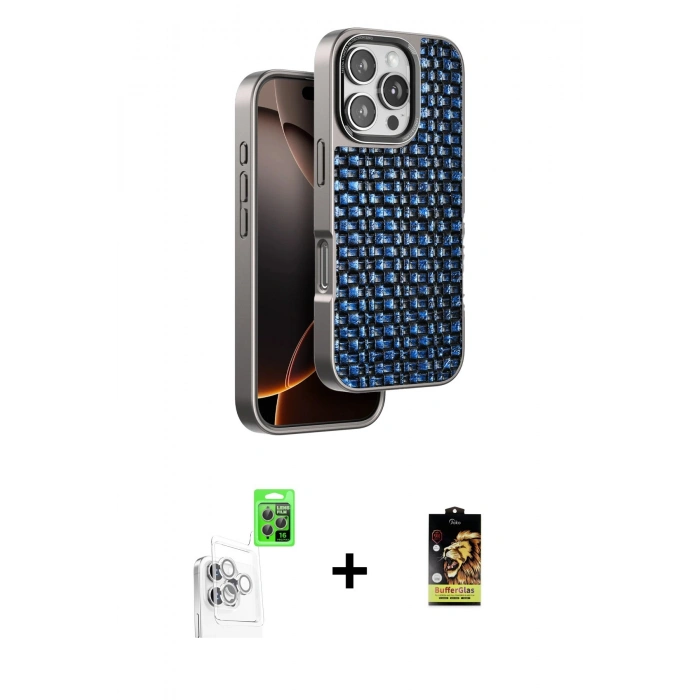 MARSİLYAN™- iPhone 16 Pro Kılıf Siluet Form Serisi - Siyah Buffer Cam Ekran Koruyucu + Raze Metal Kamera Lens - BZ