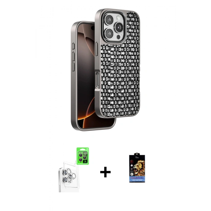 MARSİLYAN™- iPhone 16 Pro Kılıf Siluet Form Serisi - Siyah Buffer Hayalet Cam Ekran Koruyucu + Raze Metal Kamera Lens - BZ