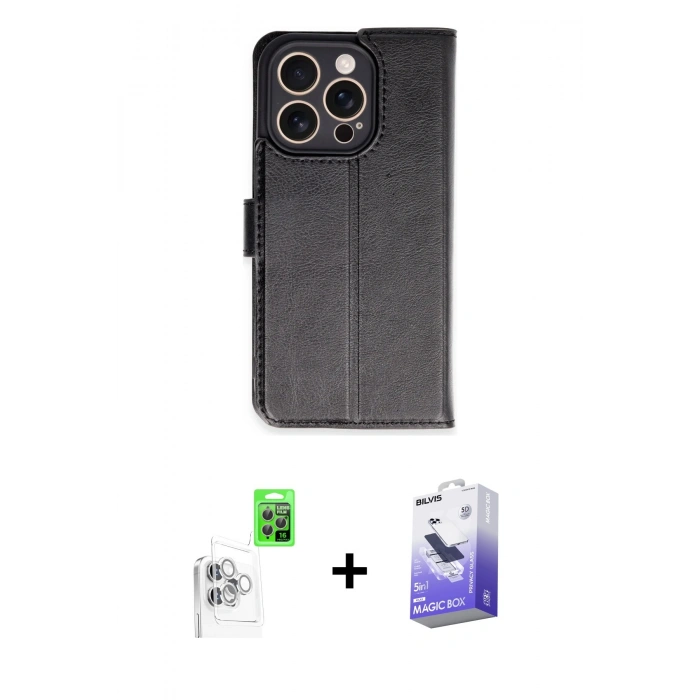 MARSİLYAN™- iPhone 16 Pro Kılıf Siluet Işık Serisi - Siyah Bilvis 5in1 5D Magic Hayalet Cam Ekran Koruyucu + Raze Metal Kamera Lens - BZ