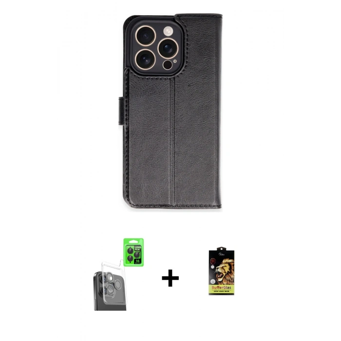 MARSİLYAN™- iPhone 16 Pro Kılıf Siluet Işık Serisi - Siyah Buffer Cam Ekran Koruyucu + Raze Metal Kamera Lens - SH