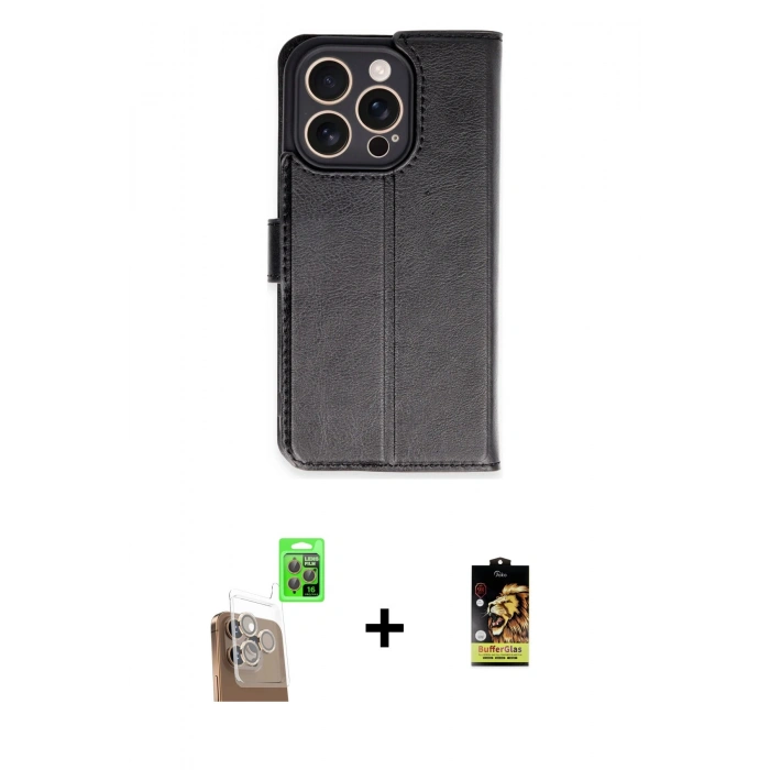 MARSİLYAN™- iPhone 16 Pro Kılıf Siluet Işık Serisi - Siyah Buffer Cam Ekran Koruyucu + Raze Metal Kamera Lens - CLTM