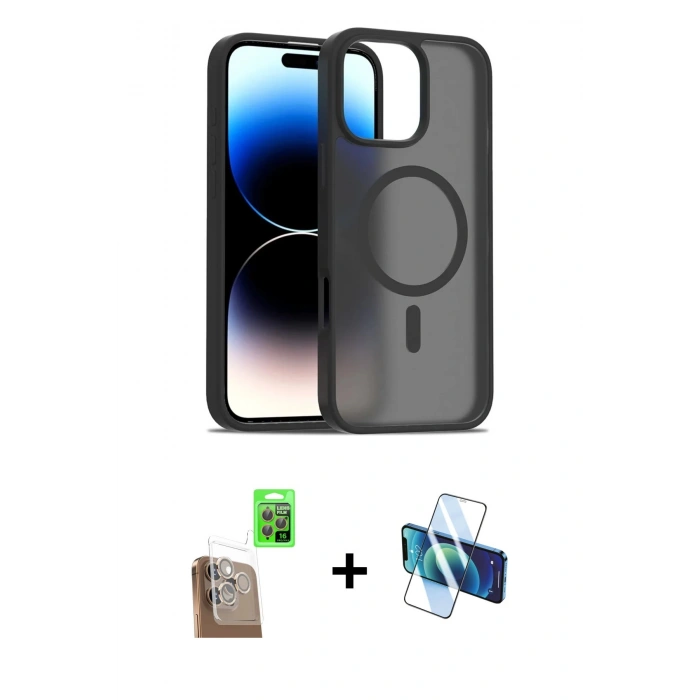 MARSİLYAN™- iPhone 16 Pro Kılıf Siluet Minimal Prime - Siyah 3D Antistatik Cam Ekran Koruyucu + Raze Metal Kamera Lens - CLTM