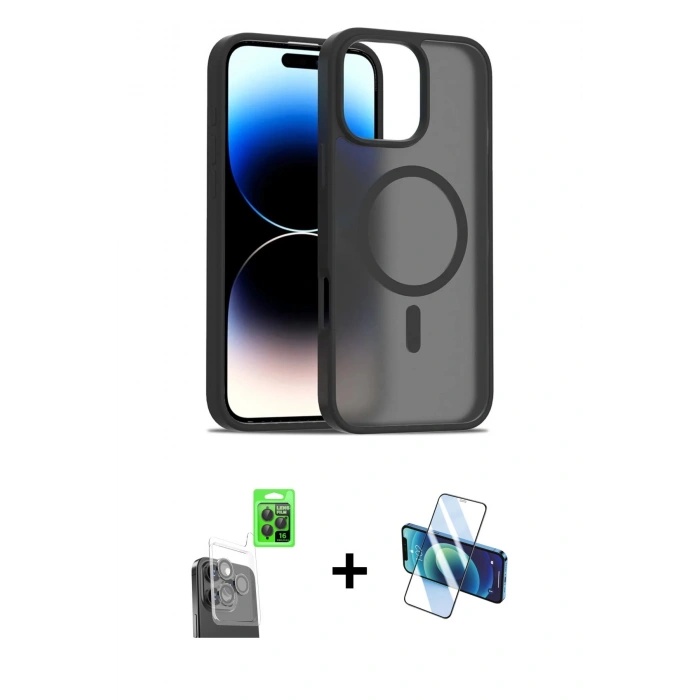 MARSİLYAN™- iPhone 16 Pro Kılıf Siluet Minimal Prime - Siyah 3D Antistatik Cam Ekran Koruyucu + Raze Metal Kamera Lens - SH