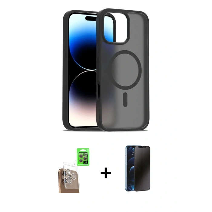 MARSİLYAN™- iPhone 16 Pro Kılıf Siluet Minimal Prime - Siyah 3D Antistatik Hayalet Cam Ekran Koruyucu + Raze Metal Kamera Lens - CLTM