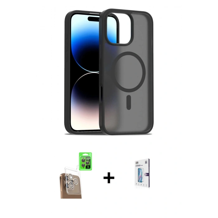MARSİLYAN™- iPhone 16 Pro Kılıf Siluet Minimal Prime - Siyah Bilvis 0.18mm Plus Cam Ekran Koruyucu + Raze Metal Kamera Lens - CLTM