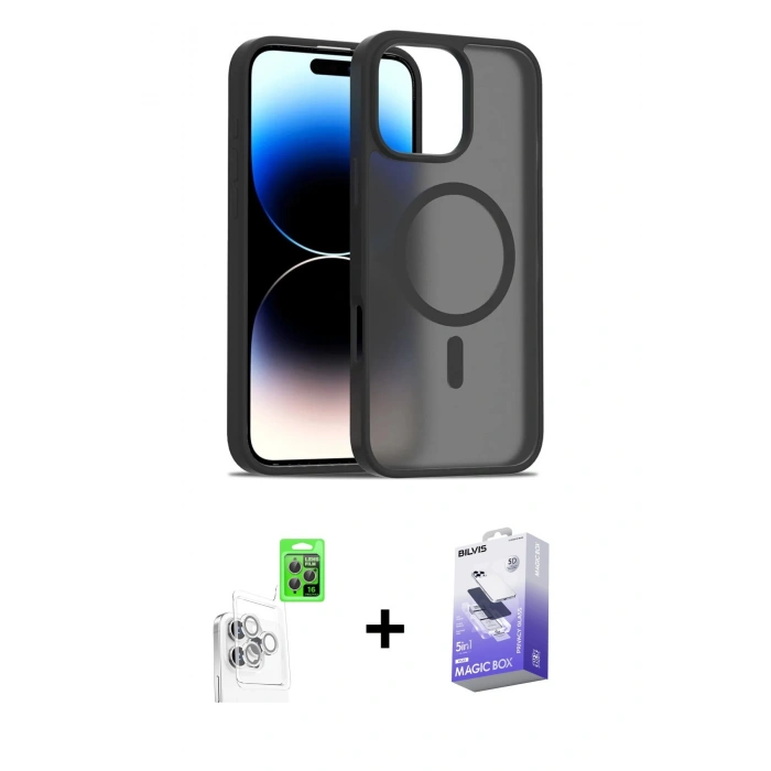 MARSİLYAN™- iPhone 16 Pro Kılıf Siluet Minimal Prime - Siyah Bilvis 5in1 5D Magic Hayalet Cam Ekran Koruyucu + Raze Metal Kamera Lens - BZ