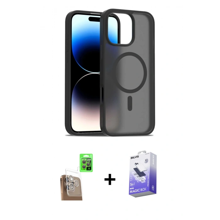 MARSİLYAN™- iPhone 16 Pro Kılıf Siluet Minimal Prime - Siyah Bilvis 5in1 5D Magic Hayalet Cam Ekran Koruyucu + Raze Metal Kamera Lens - CLTM