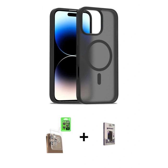 MARSİLYAN™- iPhone 16 Pro Kılıf Siluet Minimal Prime - Siyah Bilvis Hayalet Cam Ekran Koruyucu + Raze Metal Kamera Lens - CLTM