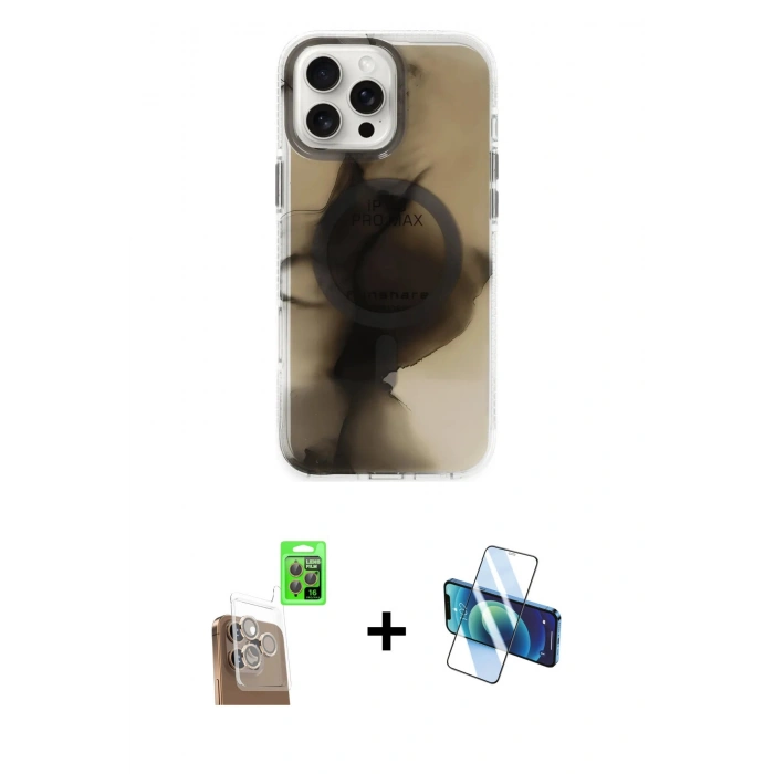 MARSİLYAN™- iPhone 16 Pro Kılıf Ufuk Doku Prime - Siyah 3D Antistatik Cam Ekran Koruyucu + Raze Metal Kamera Lens - CLTM